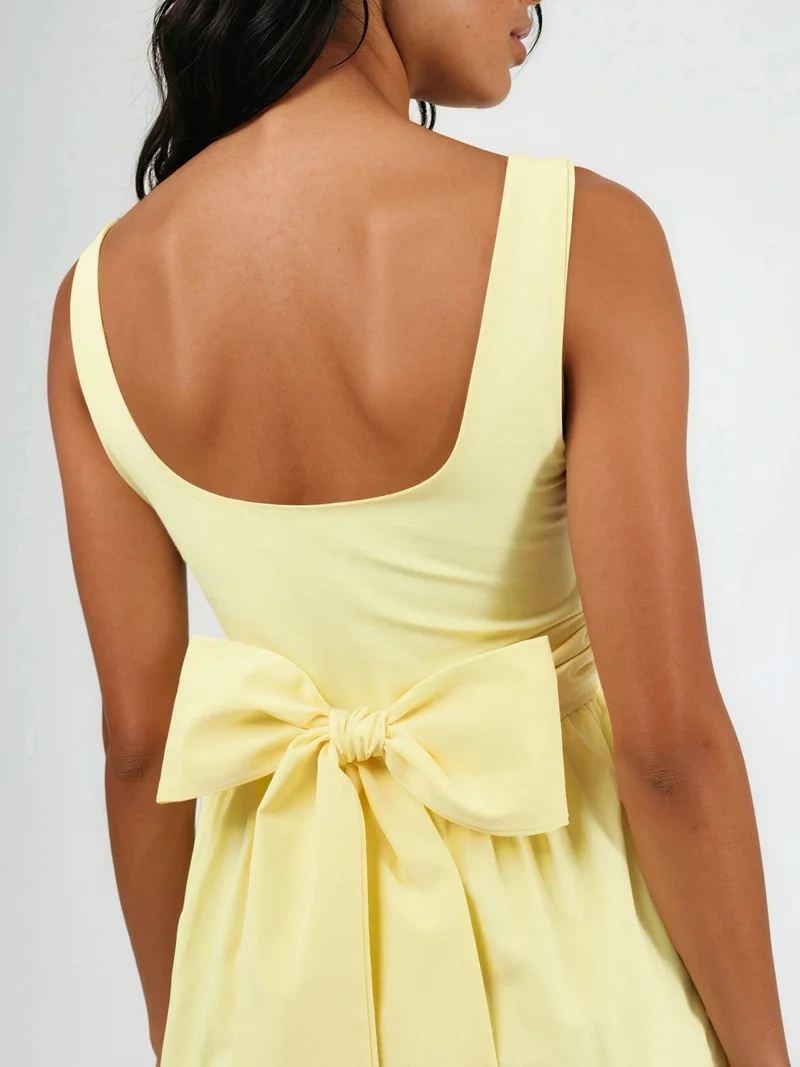 Busem Lemon Yellow BUSEM Square Collar Midi Dress with Bow Detail for Women | Best Price UAE