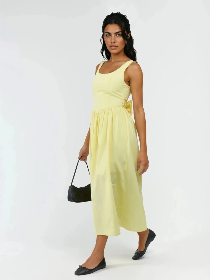 Busem Lemon Yellow BUSEM Square Collar Midi Dress with Bow Detail for Women | Best Price UAE
