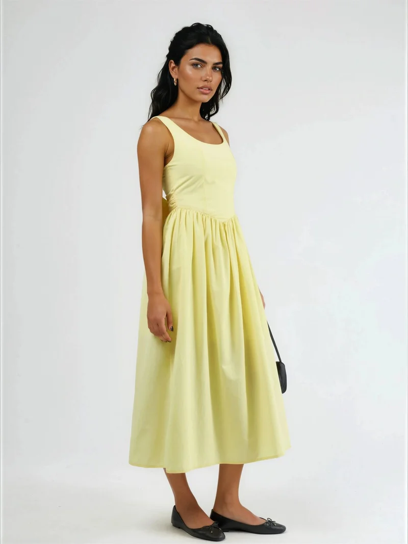 Busem Lemon Yellow BUSEM Square Collar Midi Dress with Bow Detail for Women | Best Price UAE