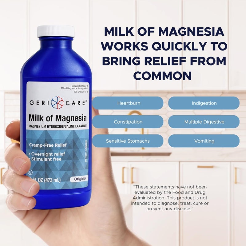 GeriCare Milk of Magnesia Magnesium Hydroxide 1200mg Fast Overnight Constipation Relief CrampFree Saline Laxative Stool Softener Antacid for Heartburn Indigestion Original Flavor 16 Fl Oz - Image 3