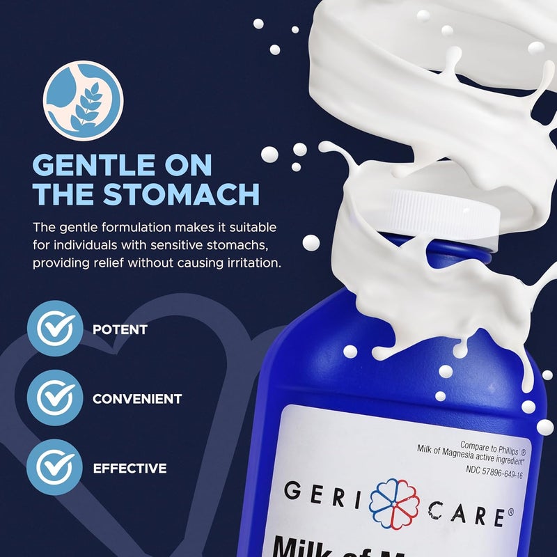 GeriCare Milk of Magnesia Magnesium Hydroxide 1200mg Fast Overnight Constipation Relief CrampFree Saline Laxative Stool Softener Antacid for Heartburn Indigestion Original Flavor 16 Fl Oz - Image 4