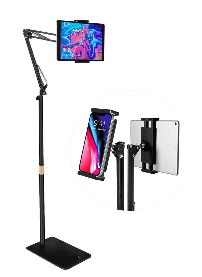 Tablet Floor Stand, Overhead Bed Phone Mount, Height Adjustable Universal Metal Tablet Holder, Phone Stand Compatible with iPad/iPhoneX/iPad Pro Phone, Kindle, 4.5-12.9" (Dark Black) - Image 1