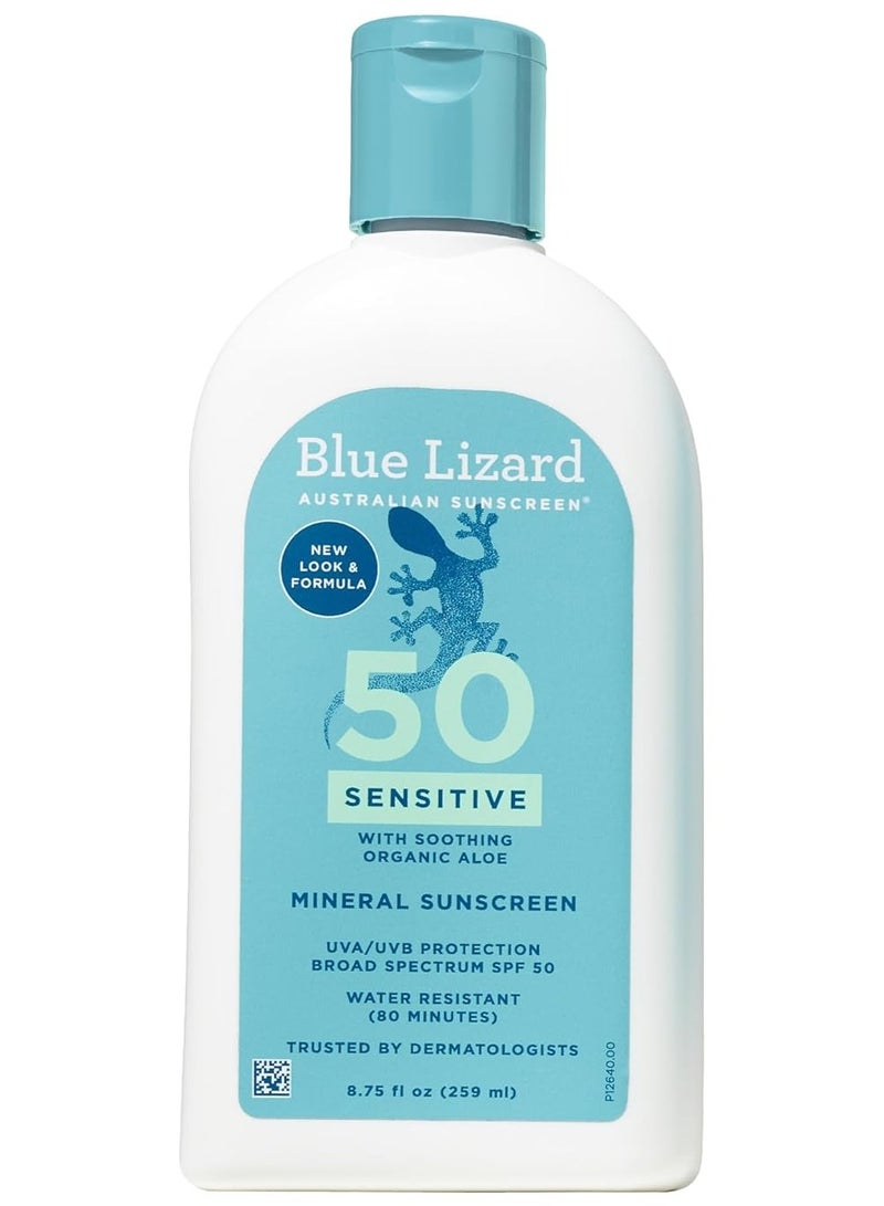 BLUE LIZARD Blue Lizard SENSITIVE Mineral Sunscreen with Zinc Oxide, SPF 50, Water Resistant, UVA/UVB Protection with Smart Bottle Technology - Fragrance Free, 8.75 oz.  - Image 1