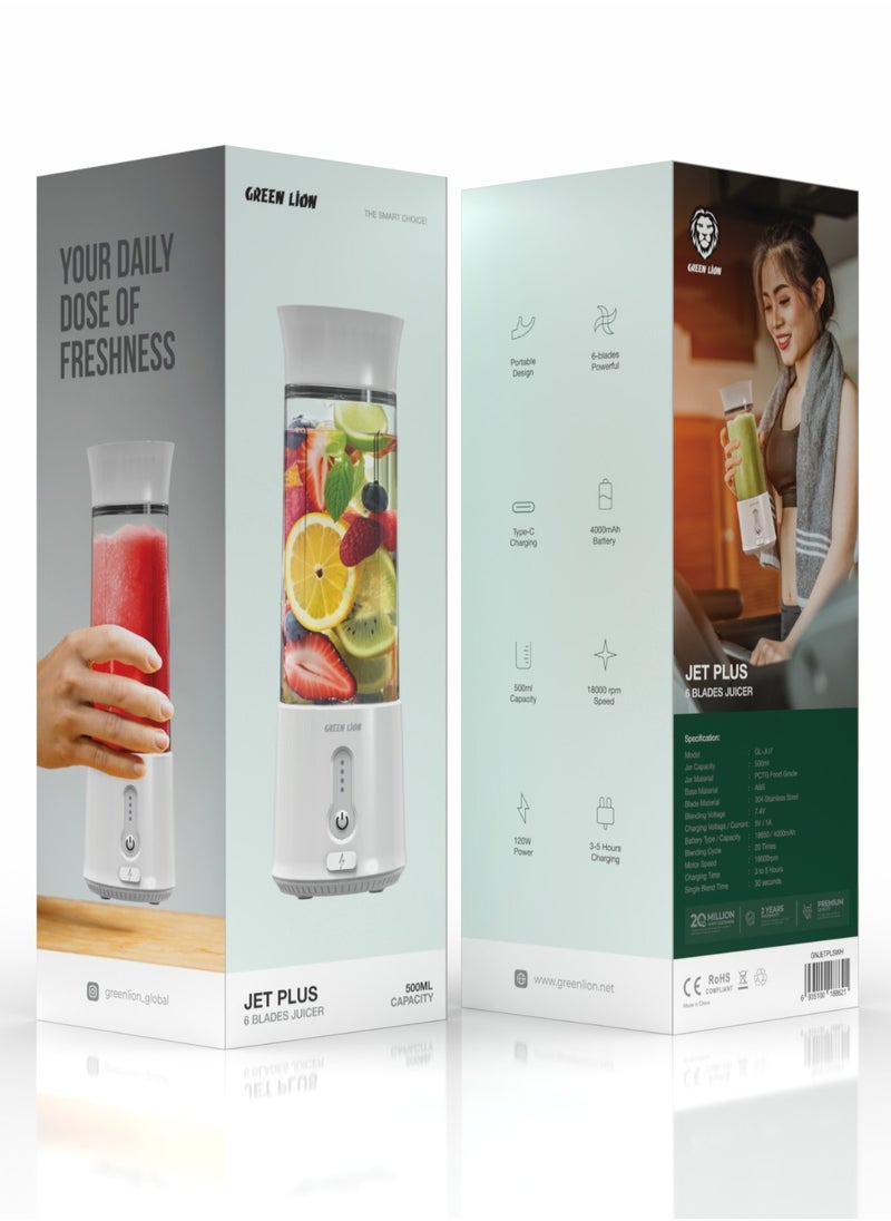 GREEN LION JET PLUS 6 Bladed Juicer 120W / 18000rpm Powerful Motor / High Speed / 500ml Jar Capacity / 304 Stainless Steel Blade / 2000mAh Battery / 20 Times Blending Cycle / 30 seconds Single Blend Time / juice Maker / Mixer/ Camping Blender / Gym / Home / Outdoor / Office / Baby Food Maker / - White  - Image 2