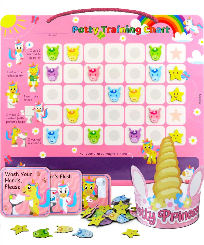 Putska Potty Training Chart with 35 Magnetic Unicorn & Star Stickers, 3 Reminder Stickers and Crown for Toddlers Girls - Potty Training Rewards for Kids - Unicorn - Image 1