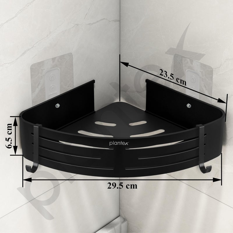Plantex Aluminium Bathroom Corner Self Adhesive/Wall Mounted Corner Stand for Kitchen with Removable Hooks & Magic Stickers/Bathroom Organiser (9x9 inches, Matt Black) - Pack of 2 - Image 3