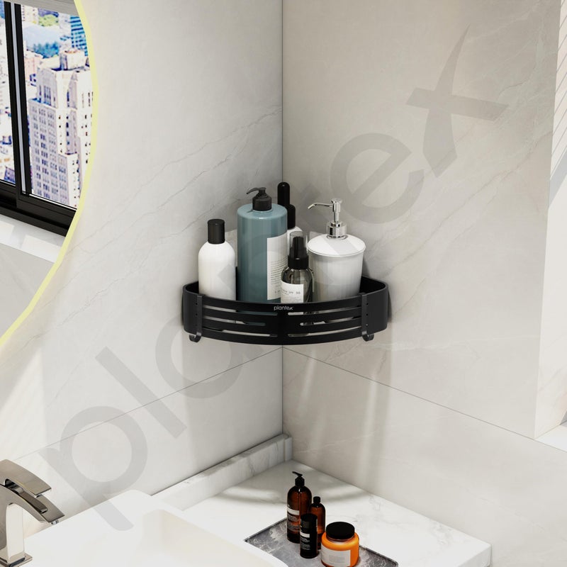 Plantex Aluminium Bathroom Corner Self Adhesive/Wall Mounted Corner Stand for Kitchen with Removable Hooks & Magic Stickers/Bathroom Organiser (9x9 inches, Matt Black) - Pack of 2 - Image 2
