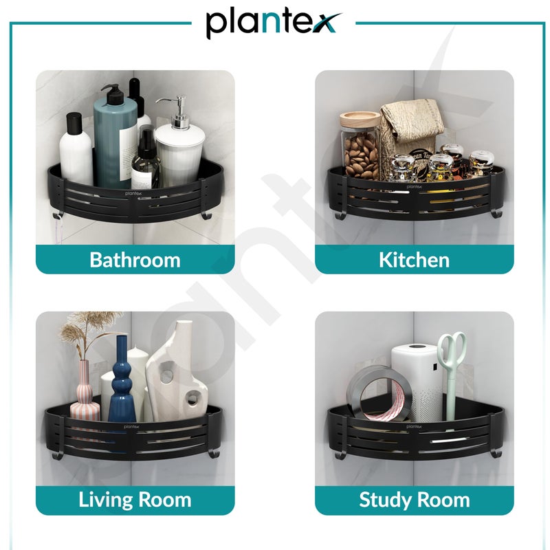 Plantex Aluminium Bathroom Corner Self Adhesive/Wall Mounted Corner Stand for Kitchen with Removable Hooks & Magic Stickers/Bathroom Organiser (9x9 inches, Matt Black) - Pack of 2 - Image 4