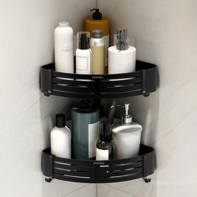 Plantex Aluminium Bathroom Corner Self Adhesive/Wall Mounted Corner Stand for Kitchen with Removable Hooks & Magic Stickers/Bathroom Organiser (9x9 inches, Matt Black) - Pack of 2 - Image 1