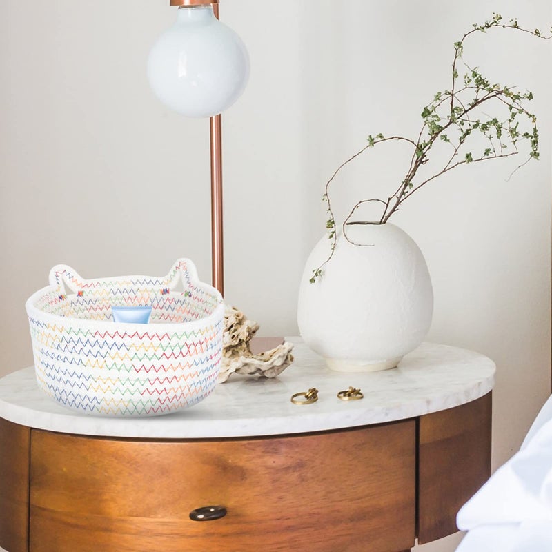White Cotton Rope Storage Basket 18x18cm Hand Woven Laundry Hamper - Image 4