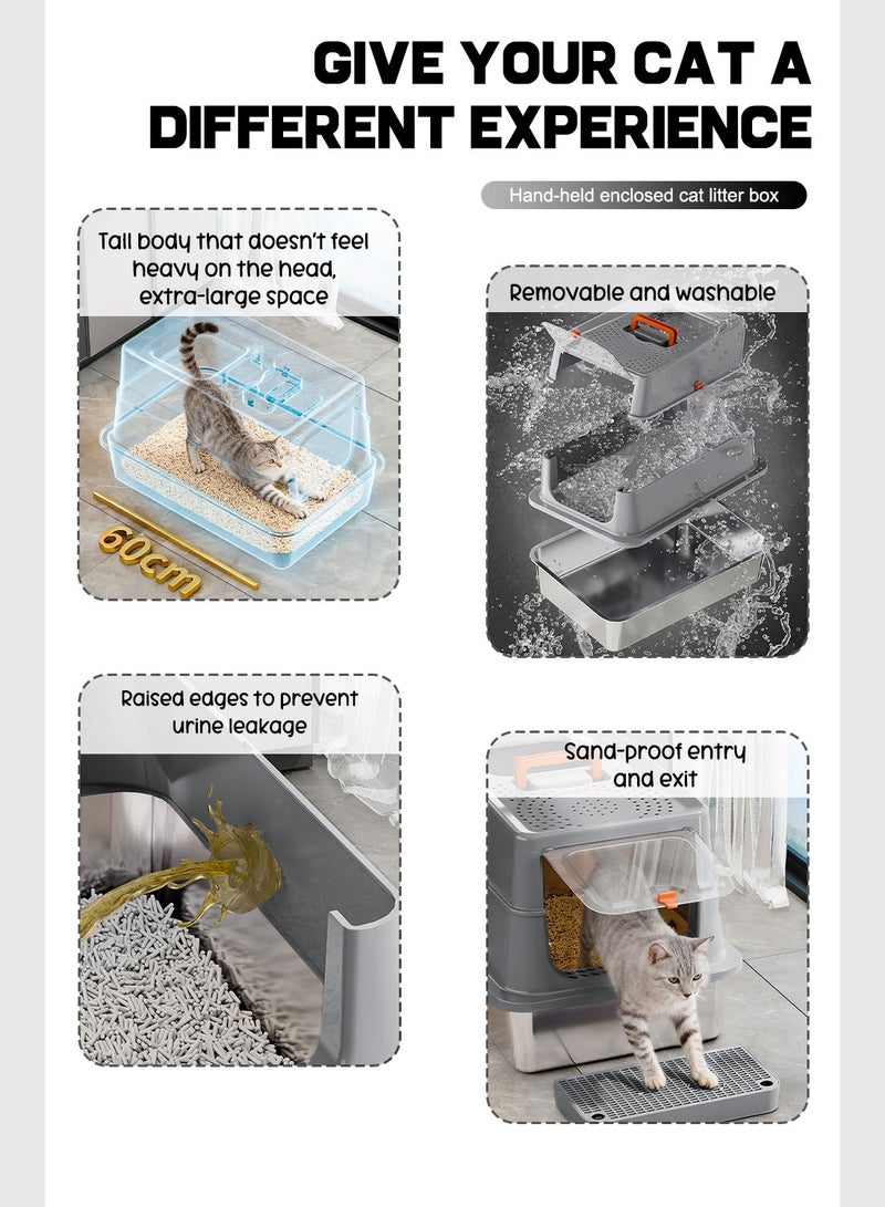 كيدل صندوق القمامة القط المحمول من الفولاذ المقاوم للصدأ مغلق صناديق القمامة القط مع غطاء الجوانب العالية غير اللاصقة ومكافحة التسرب - Image 3