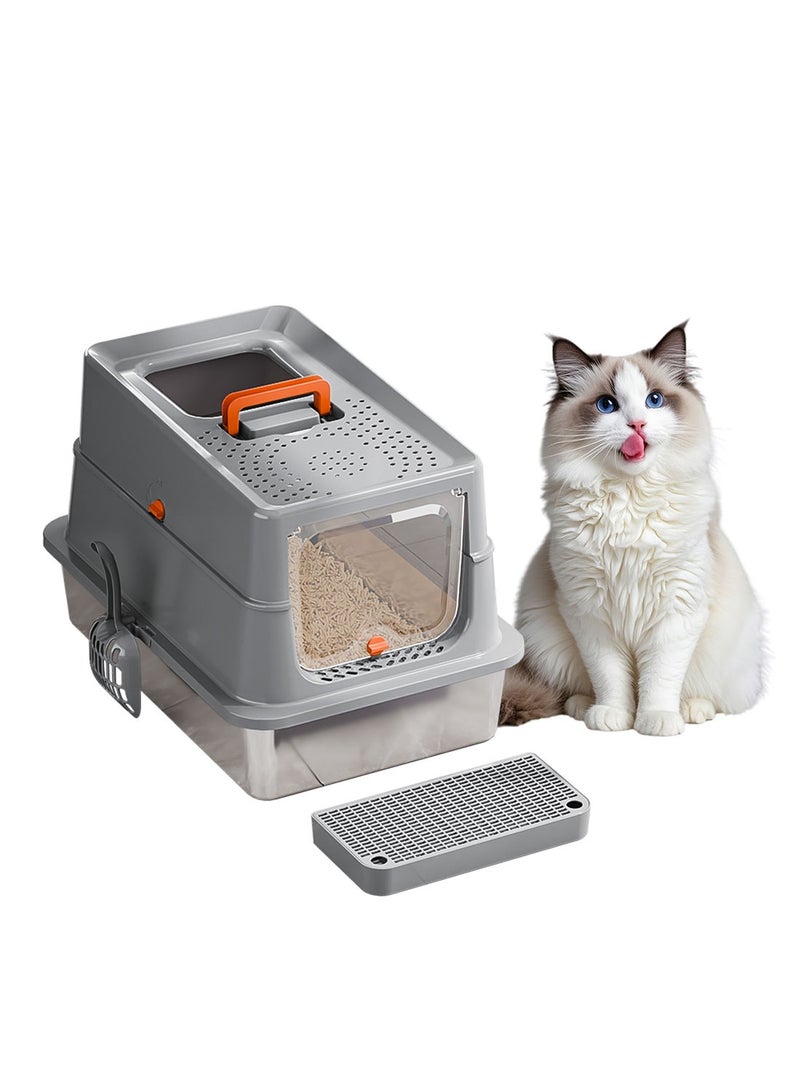 كيدل صندوق القمامة القط المحمول من الفولاذ المقاوم للصدأ مغلق صناديق القمامة القط مع غطاء الجوانب العالية غير اللاصقة ومكافحة التسرب - Image 1