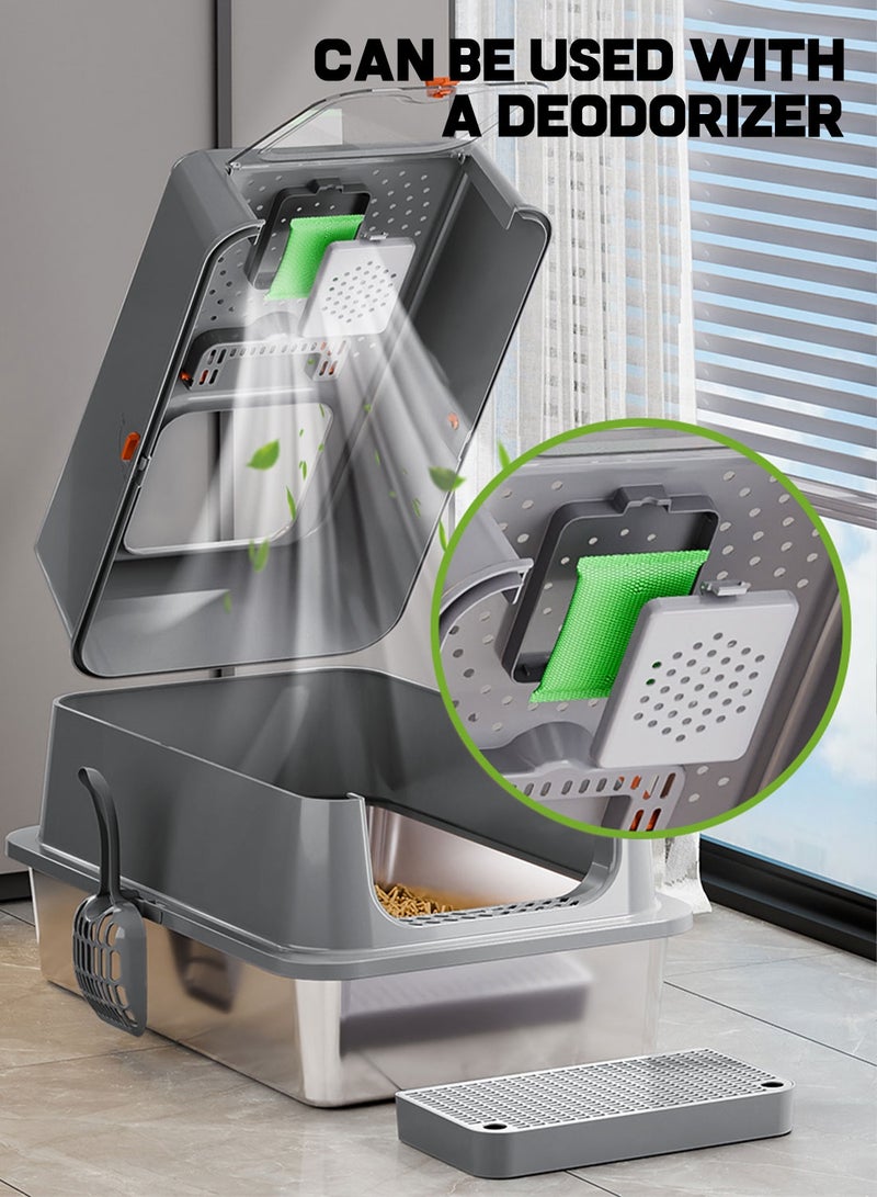 كيدل صندوق القمامة القط المحمول من الفولاذ المقاوم للصدأ مغلق صناديق القمامة القط مع غطاء الجوانب العالية غير اللاصقة ومكافحة التسرب - Image 4