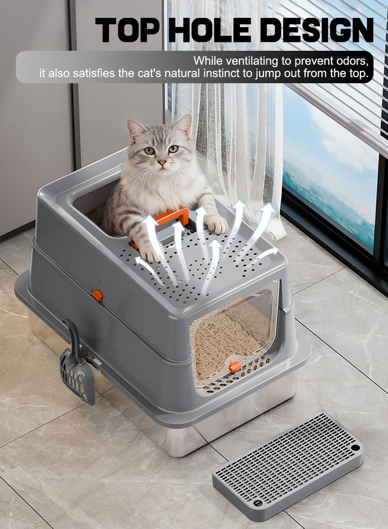 كيدل صندوق القمامة القط المحمول من الفولاذ المقاوم للصدأ مغلق صناديق القمامة القط مع غطاء الجوانب العالية غير اللاصقة ومكافحة التسرب - Image 2