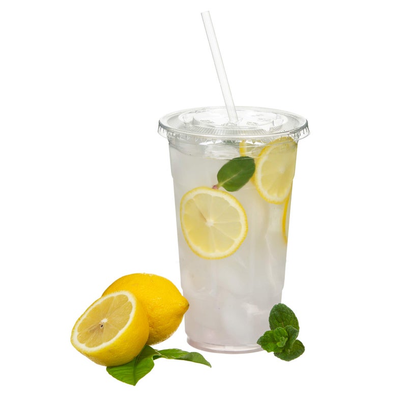 QUIDDITY WARE 100 Sets 20oz Disposable Crystal Clear Plastic Cups with Flat Lids and Straws