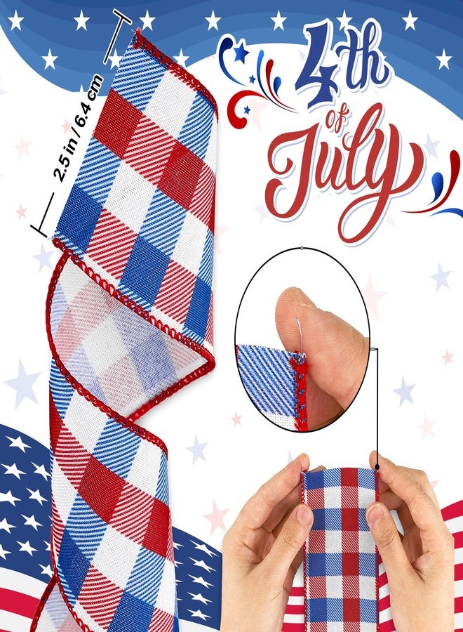 Whaline 2 Rolls 4th of July Wired Edge Ribbons Patriotic Buffalo Check Plaid Ribbon 2.5 Inch Farmhouse Craft Ribbon for Independence Day DIY Gift Wrapping Bow Decor, 10 Yards - Image 2