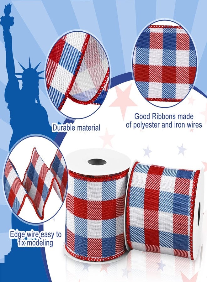 Whaline 2 Rolls 4th of July Wired Edge Ribbons Patriotic Buffalo Check Plaid Ribbon 2.5 Inch Farmhouse Craft Ribbon for Independence Day DIY Gift Wrapping Bow Decor, 10 Yards - Image 3