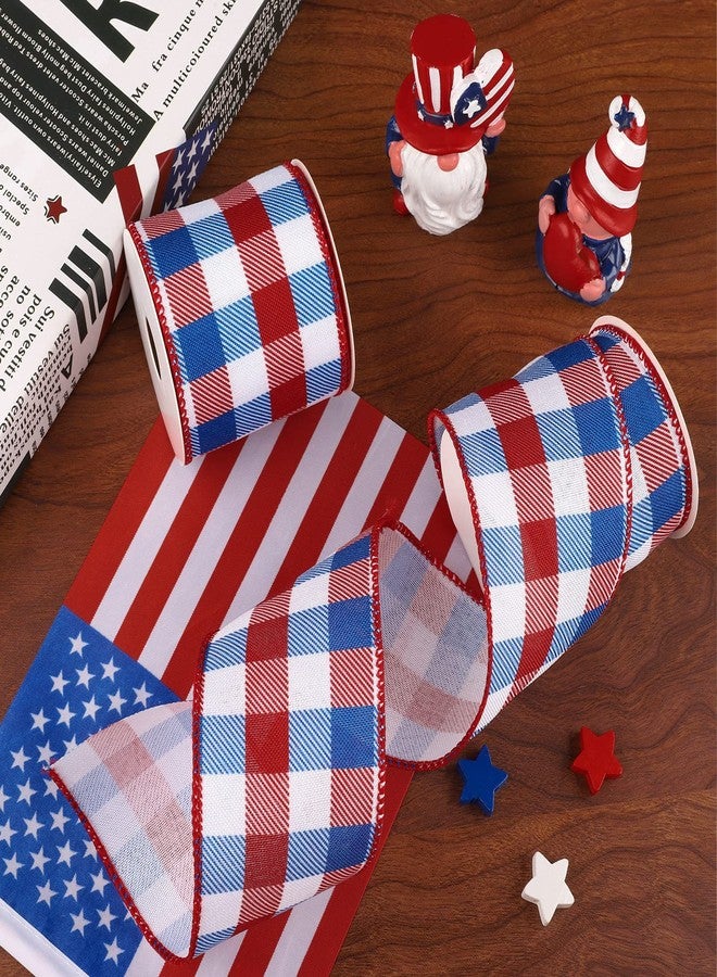 Whaline 2 Rolls 4th of July Wired Edge Ribbons Patriotic Buffalo Check Plaid Ribbon 2.5 Inch Farmhouse Craft Ribbon for Independence Day DIY Gift Wrapping Bow Decor, 10 Yards - Image 5