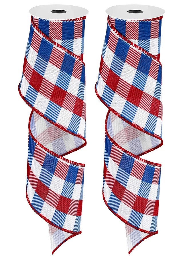 Whaline 2 Rolls 4th of July Wired Edge Ribbons Patriotic Buffalo Check Plaid Ribbon 2.5 Inch Farmhouse Craft Ribbon for Independence Day DIY Gift Wrapping Bow Decor, 10 Yards - Image 1