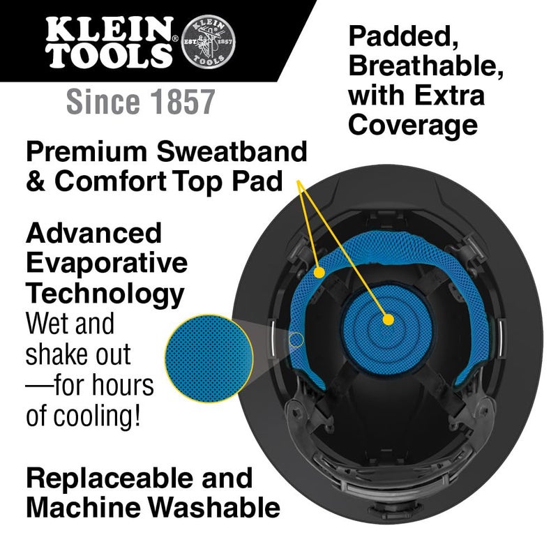 Klein Tools 60347 Hard Hat, Vented Full Brim, Class C, Premium KARBN Pattern, Rechargeable Lamp, Padded Sweat-Wicking Sweatband, Top Pad - Image 3