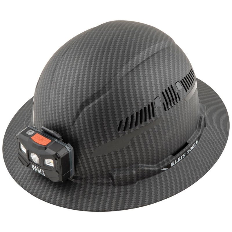 Klein Tools 60347 Hard Hat, Vented Full Brim, Class C, Premium KARBN Pattern, Rechargeable Lamp, Padded Sweat-Wicking Sweatband, Top Pad - Image 1
