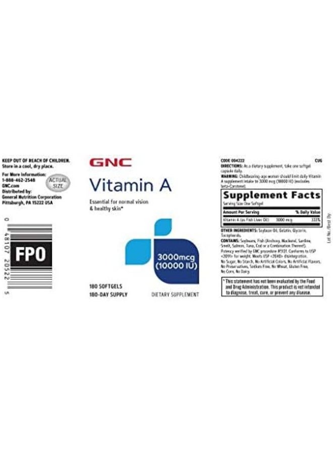 GNC - Vitamin A 3000Mcg 10000Iu, 180 Softgels - Image 1