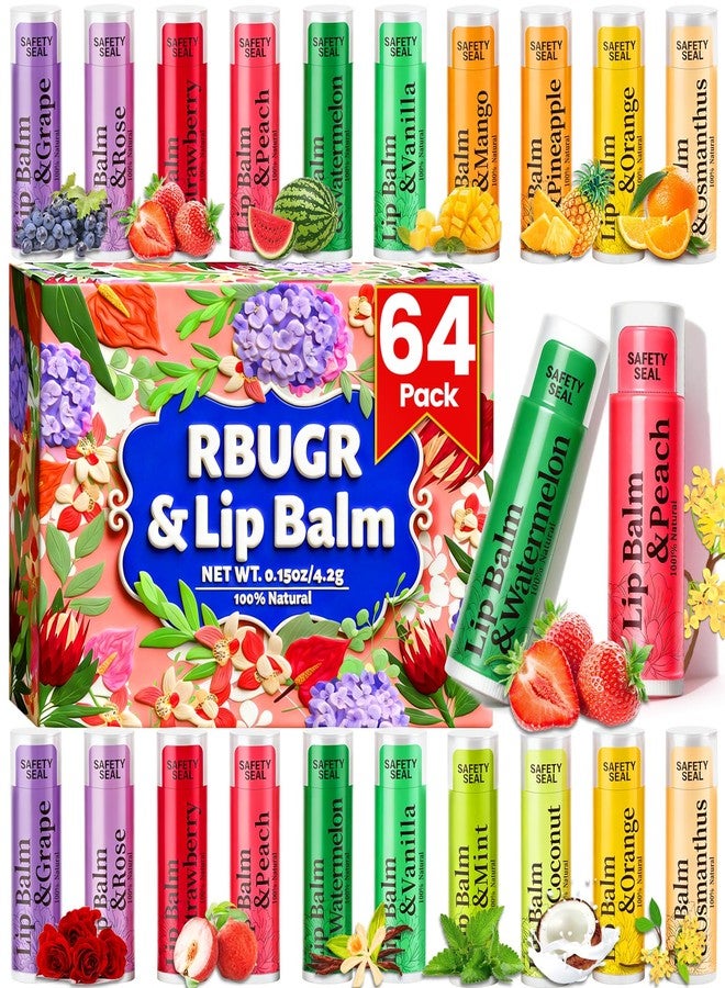 RBUGR 64 Pack Lip Balm - 12 Flavored with Coconut Oil Organic Natural Moisturizing Lip Balms for Dry Cracked Lips, Bulk Set Hydrating for Valentines Gifts (4.2g/0.15oz) - Image 1