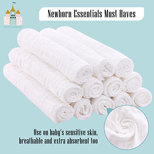 Cute Castle 12 Pack Muslin Burp Cloths for Baby - Ultra-Soft 100% Cotton Baby Washcloths - Large 20'' by 10'' Super Absorbent Milk Spit Up Rags - Burpy Cloths for Unisex, Boy, Girl - White - Image 5