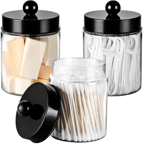 Komashr 3PC Farmhouse Decor Qtip Holder Apothecary Jars Bathroom Vanity Storage Organizer Countertop Canister Container Cute Stickers for Cotton Swab BallPadFloss Paper Clips BlackPlastic - Image 1