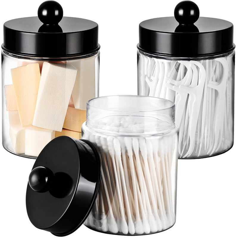 Komashr 3PC Farmhouse Decor Qtip Holder Apothecary Jars Bathroom Vanity Storage Organizer Countertop Canister Container Cute Stickers for Cotton Swab BallPadFloss Paper Clips BlackPlastic - Image 2