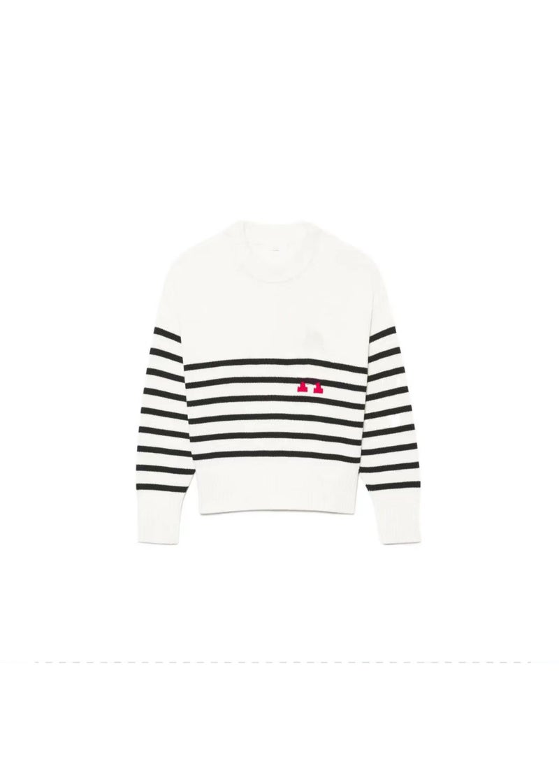 Generic - Thickened Heavyweight Big Heart Love Knitted Sweater Loose Striped Couples round Neck Pullover Cotton Blend Casual Winter White. - Image 1