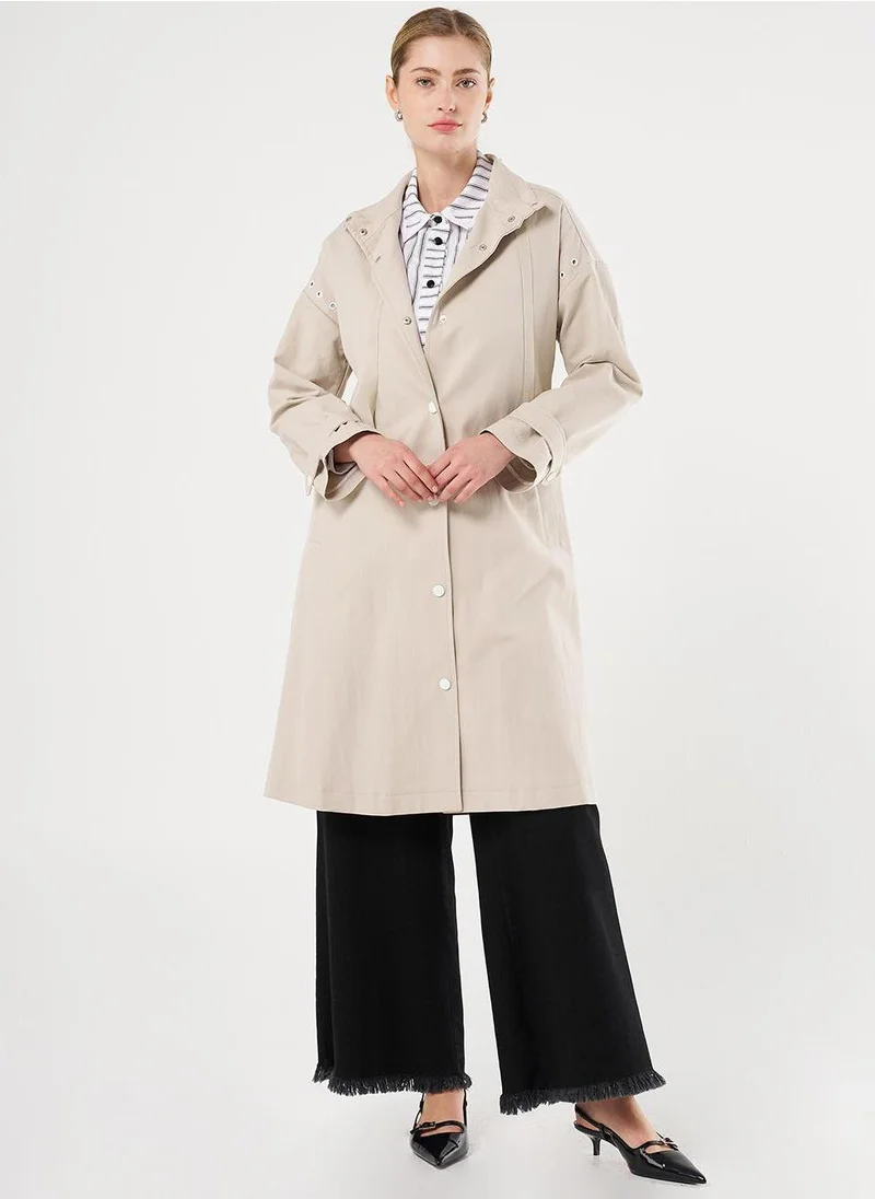 Kayra Grosgrain Tie-Detail Stand Collar Trench Coat Stone