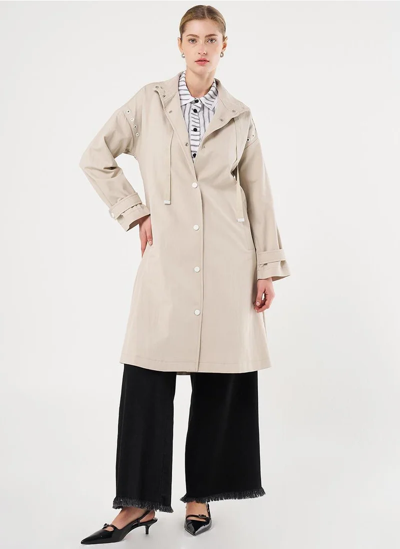 Kayra Grosgrain Tie-Detail Stand Collar Trench Coat Stone