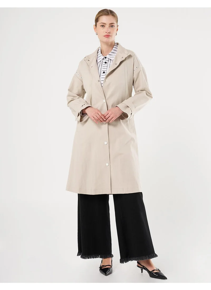 Kayra Grosgrain Tie-Detail Stand Collar Trench Coat Stone