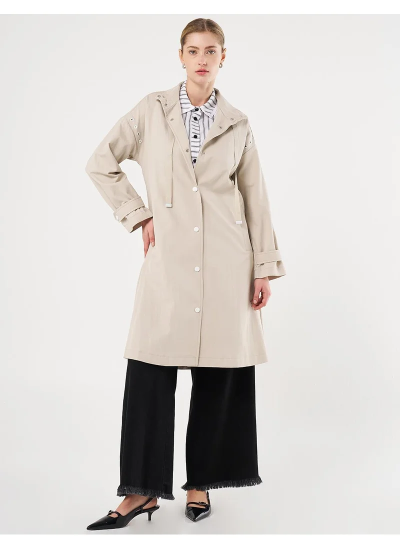 Kayra Grosgrain Tie-Detail Stand Collar Trench Coat Stone