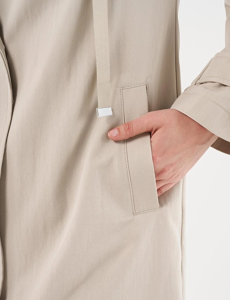Kayra Grosgrain Tie-Detail Stand Collar Trench Coat Stone