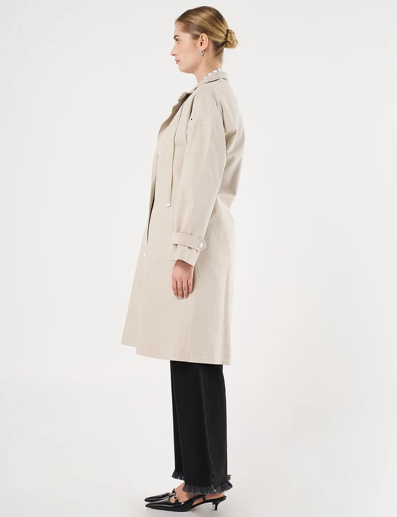 Kayra Grosgrain Tie-Detail Stand Collar Trench Coat Stone