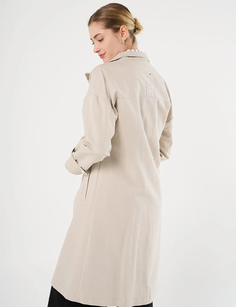 Kayra Grosgrain Tie-Detail Stand Collar Trench Coat Stone