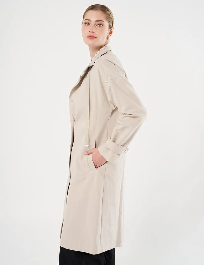 Kayra Grosgrain Tie-Detail Stand Collar Trench Coat Stone