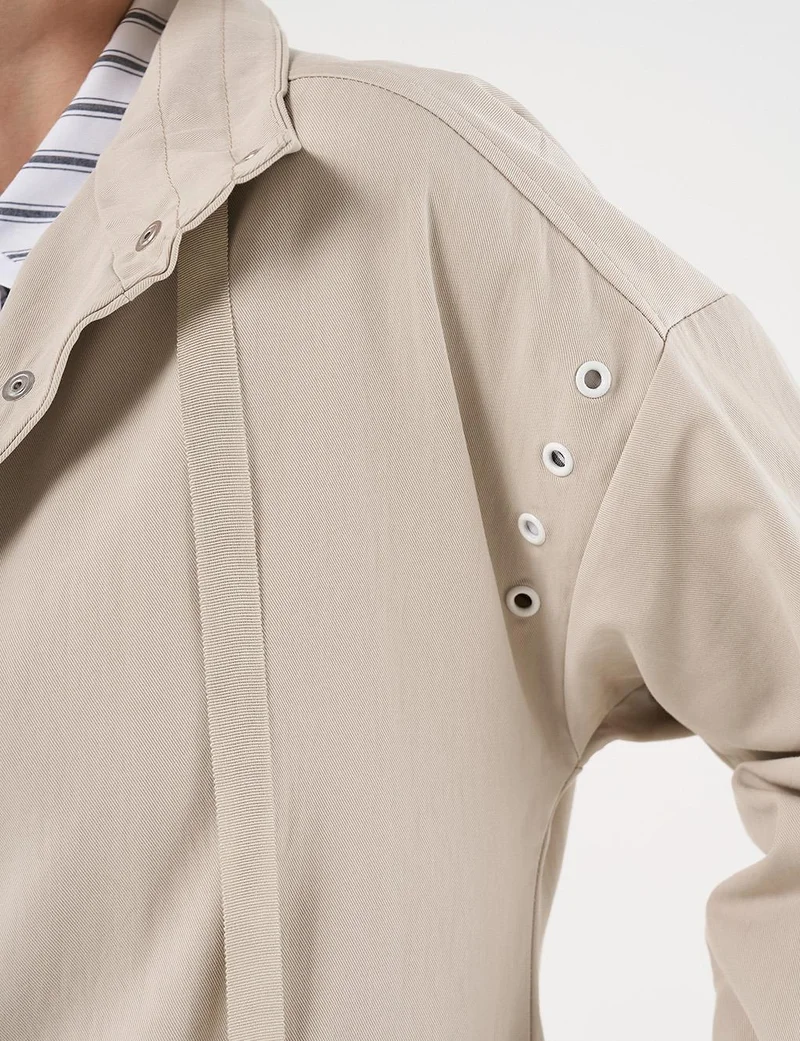 Kayra Grosgrain Tie-Detail Stand Collar Trench Coat Stone