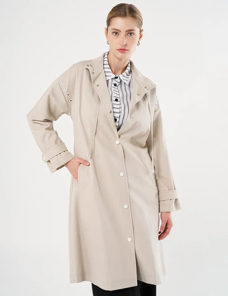 Kayra Grosgrain Tie-Detail Stand Collar Trench Coat Stone