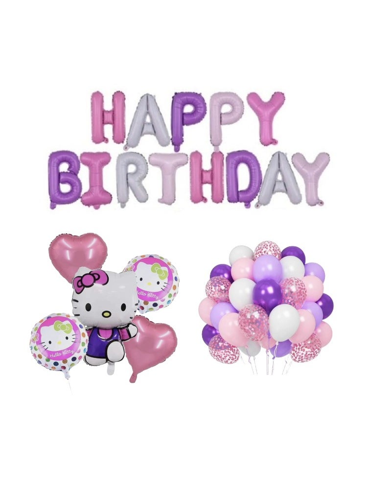 Multicolor Happy Birthday Banner With Hello Kitty Theme Foil Chrome And Confetti Balloon Set  - Image 1