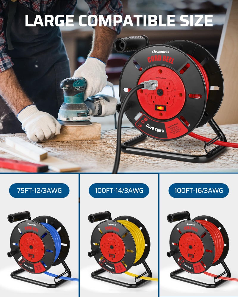 DEWENWILS بكرة تخزين سلك DEWENWILS مع 4 مآخذ مؤرضة، بكرة سلك مفتوحة ثقيلة الوزن لسلك الطاقة 12/3، 14/3، 16/3، قابلة للسحب يدويًا، قاطع دائرة 15A، مفتاح طاقة دوار - Image 5