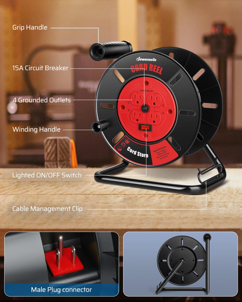 DEWENWILS بكرة تخزين سلك DEWENWILS مع 4 مآخذ مؤرضة، بكرة سلك مفتوحة ثقيلة الوزن لسلك الطاقة 12/3، 14/3، 16/3، قابلة للسحب يدويًا، قاطع دائرة 15A، مفتاح طاقة دوار - Image 2
