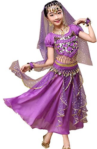 Astage Girl Belly Dance Sequin Indian Dance Costume Halloween Wear Purple S(6Y-8Y) - Image 3