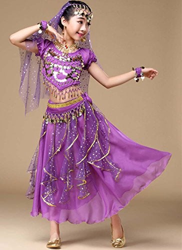 Astage Girl Belly Dance Sequin Indian Dance Costume Halloween Wear Purple S(6Y-8Y) - Image 2
