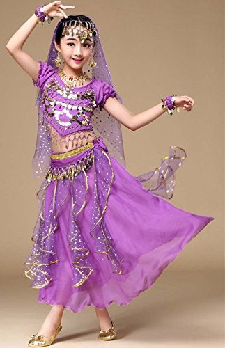 Astage Girl Belly Dance Sequin Indian Dance Costume Halloween Wear Purple S(6Y-8Y) - Image 4