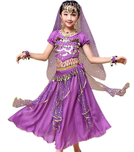 Astage Girl Belly Dance Sequin Indian Dance Costume Halloween Wear Purple S(6Y-8Y) - Image 5