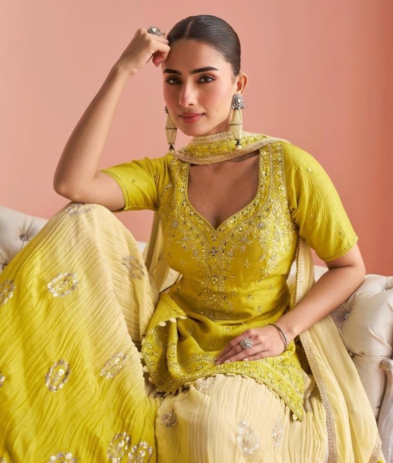 ANAITA Yellow Chinon Free Size Stitched Suit with Embroidery Work - Image 4