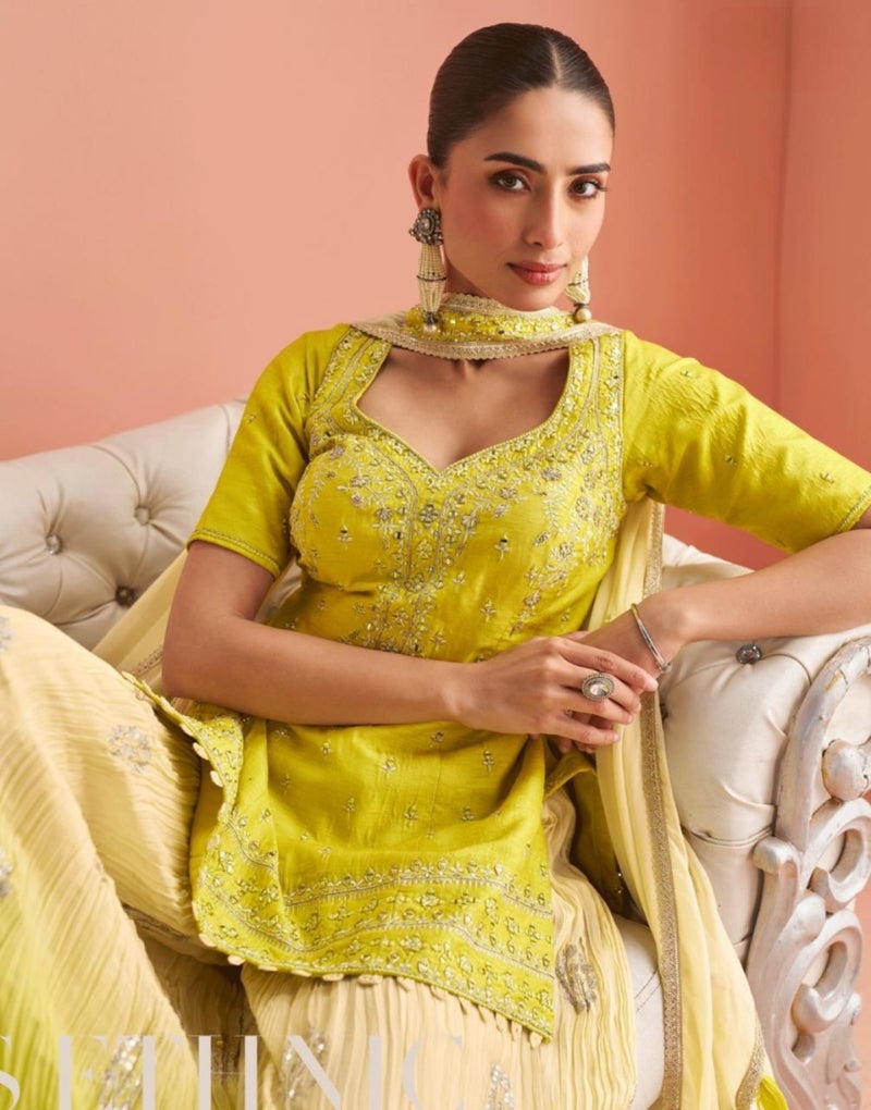 ANAITA Yellow Chinon Free Size Stitched Suit with Embroidery Work - Image 2